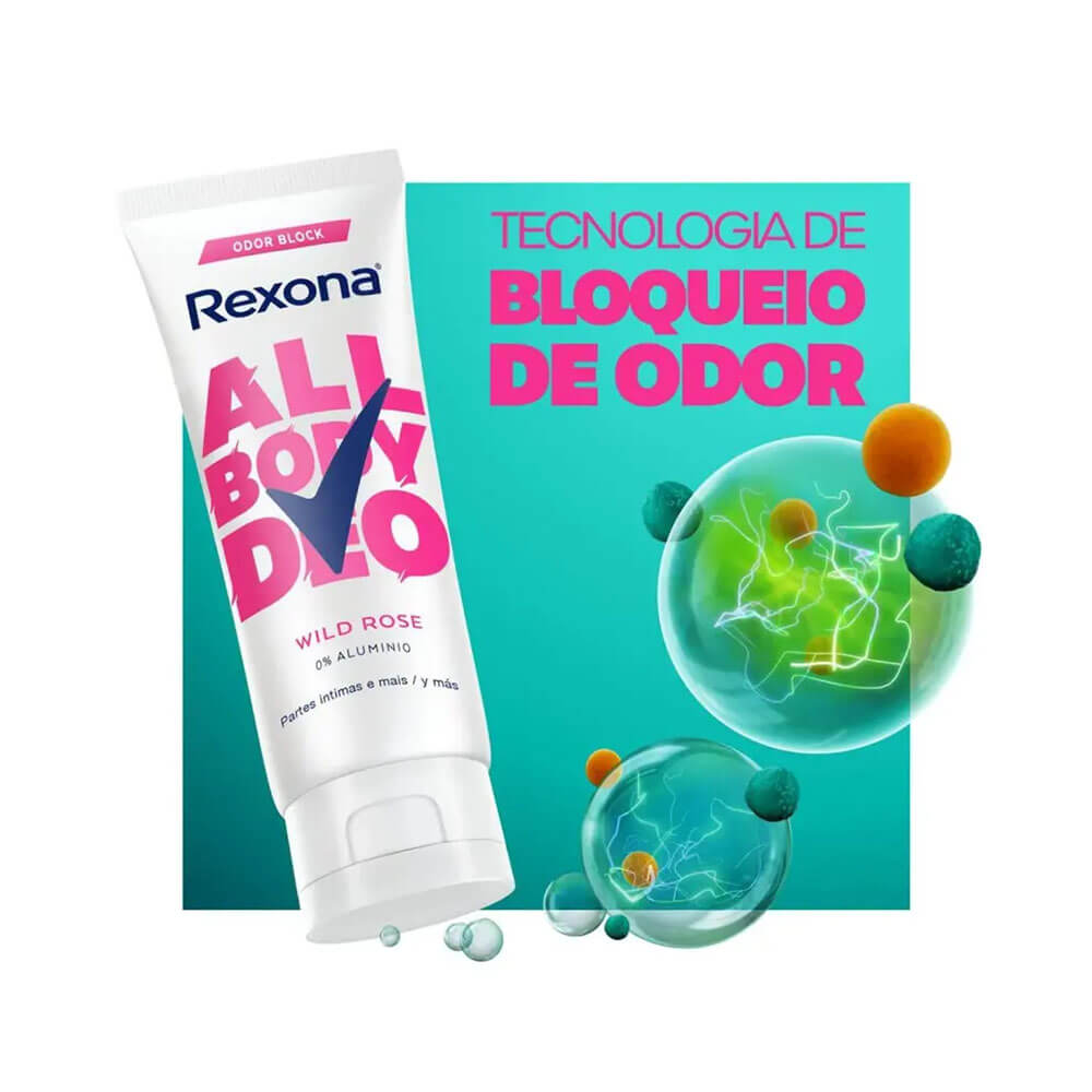 Desodorante Rexona All Body Deo Wild Rose com destaque para tecnologia de bloqueio de odor